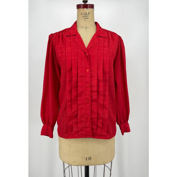 Vintage LeFolio Red Pleated Secretary Cottage Blouse Shirt Long Sleeve Retro 10 - Picture 1 of 8